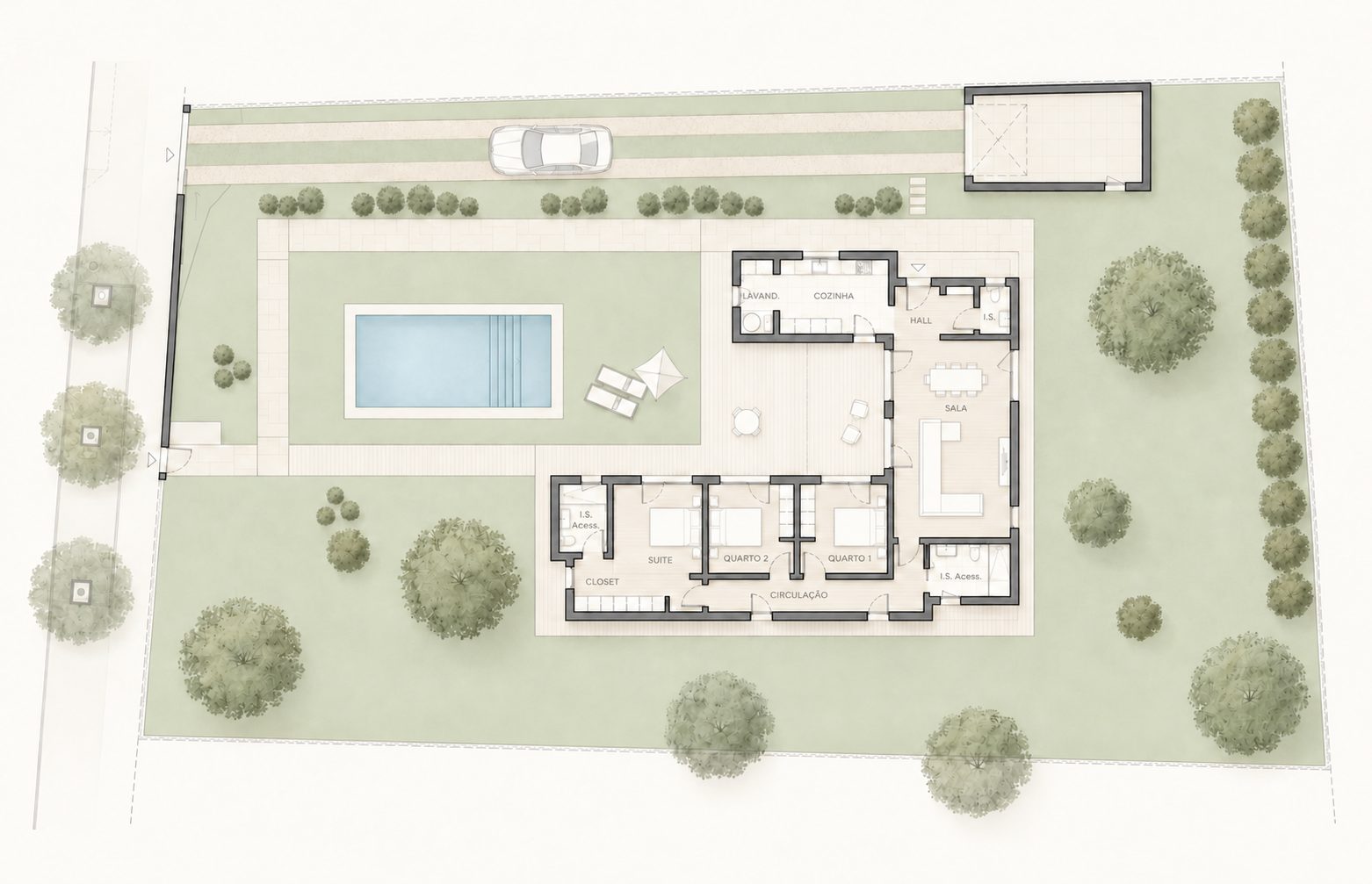 Moradia Unifamiliar Isolada, Garagem e Piscina — Planta piso 0