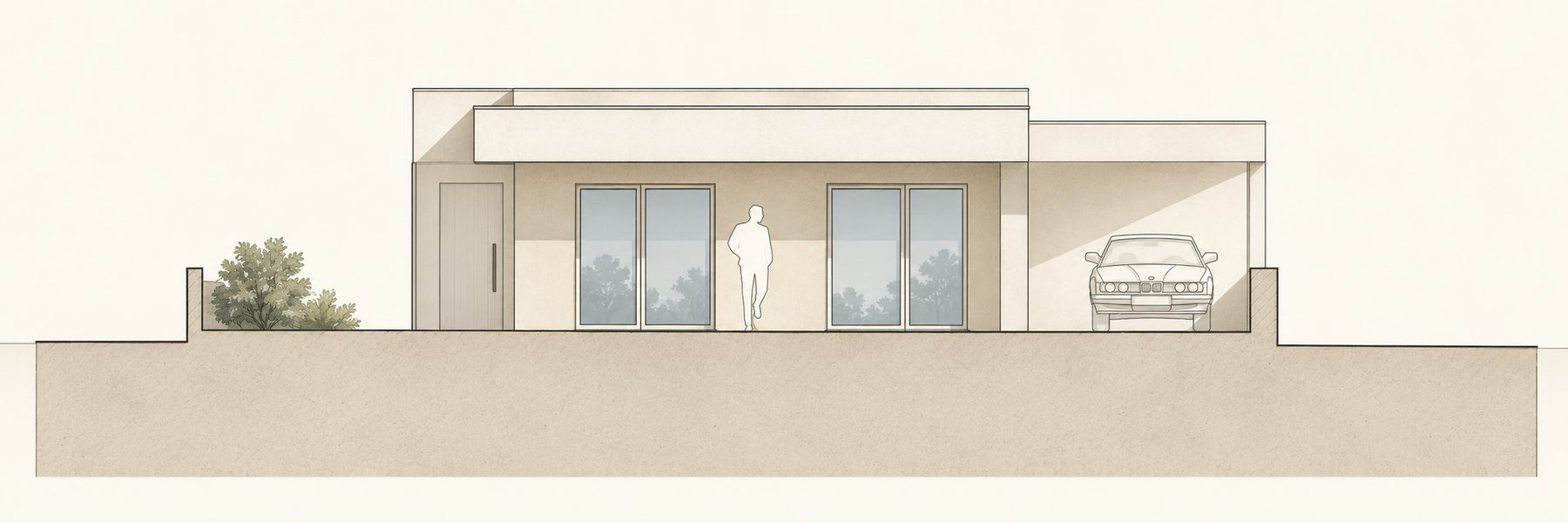 Moradia Unifamiliar Isolada, Alpendre e Piscina — Alçado frontal