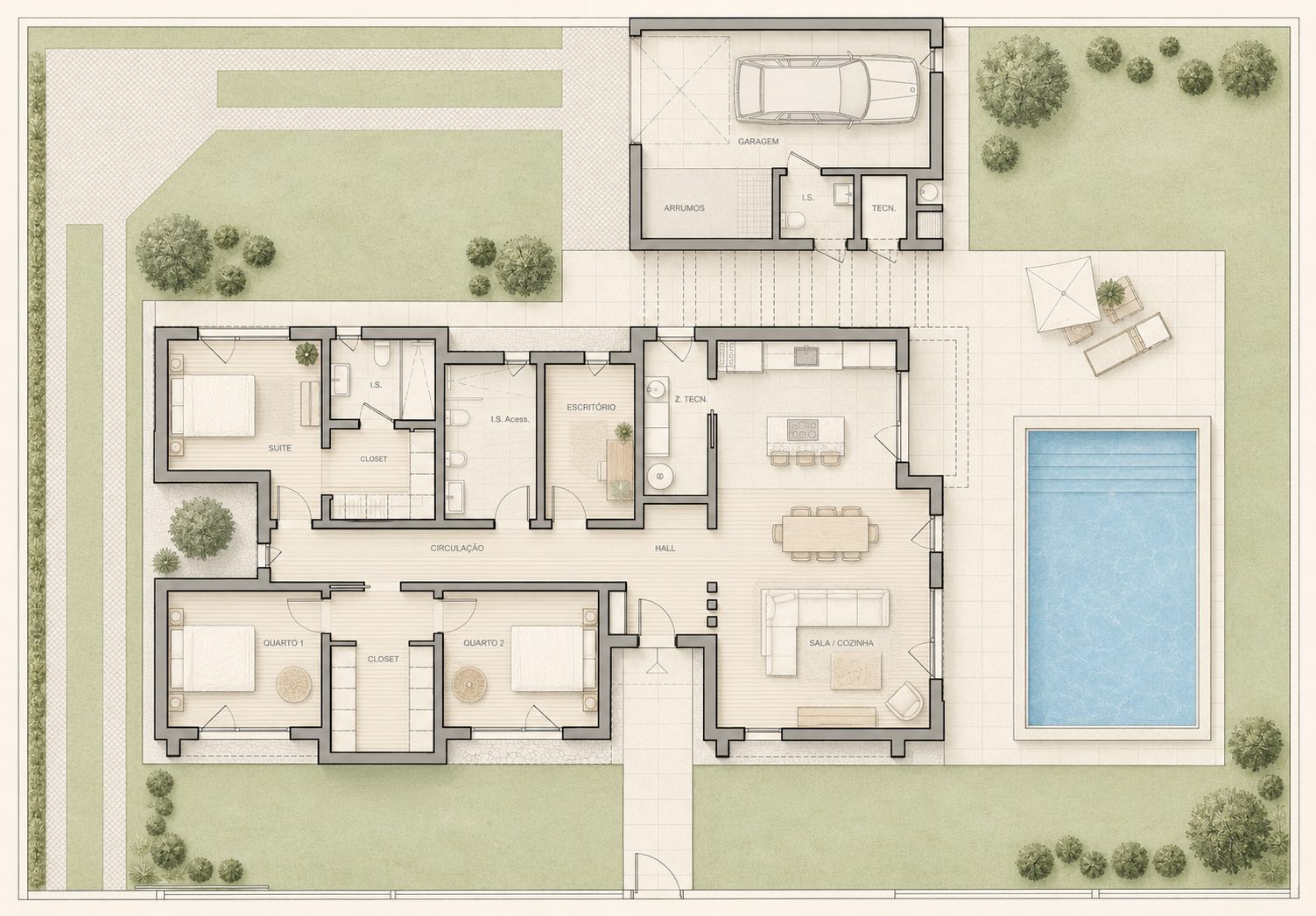Moradia Unifamiliar Isolada, Garagem e Piscina — Planta piso 0