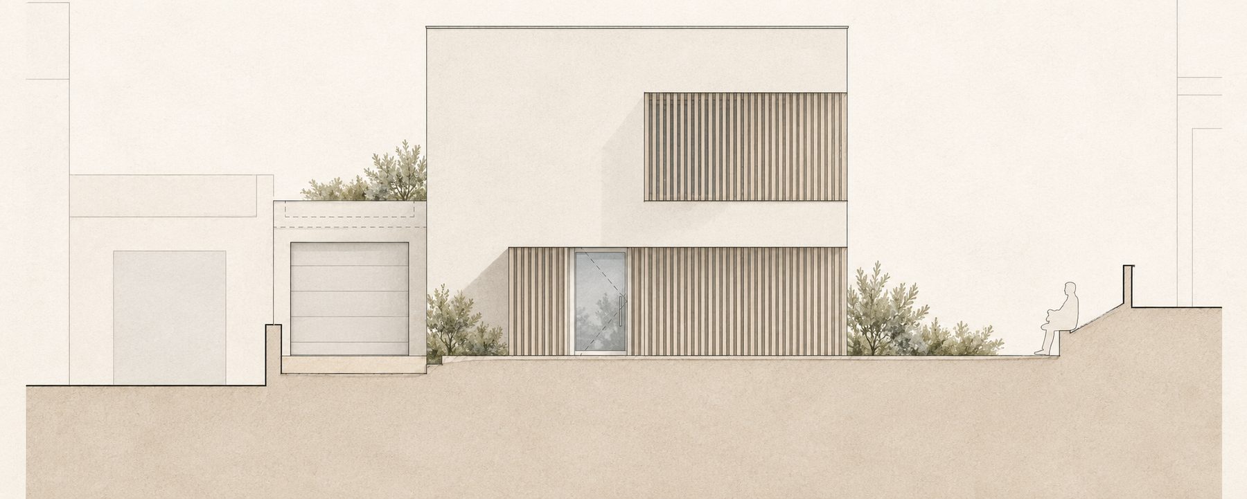 Moradia Unifamiliar Isolada, Anexo e Piscina — Alçado frontal