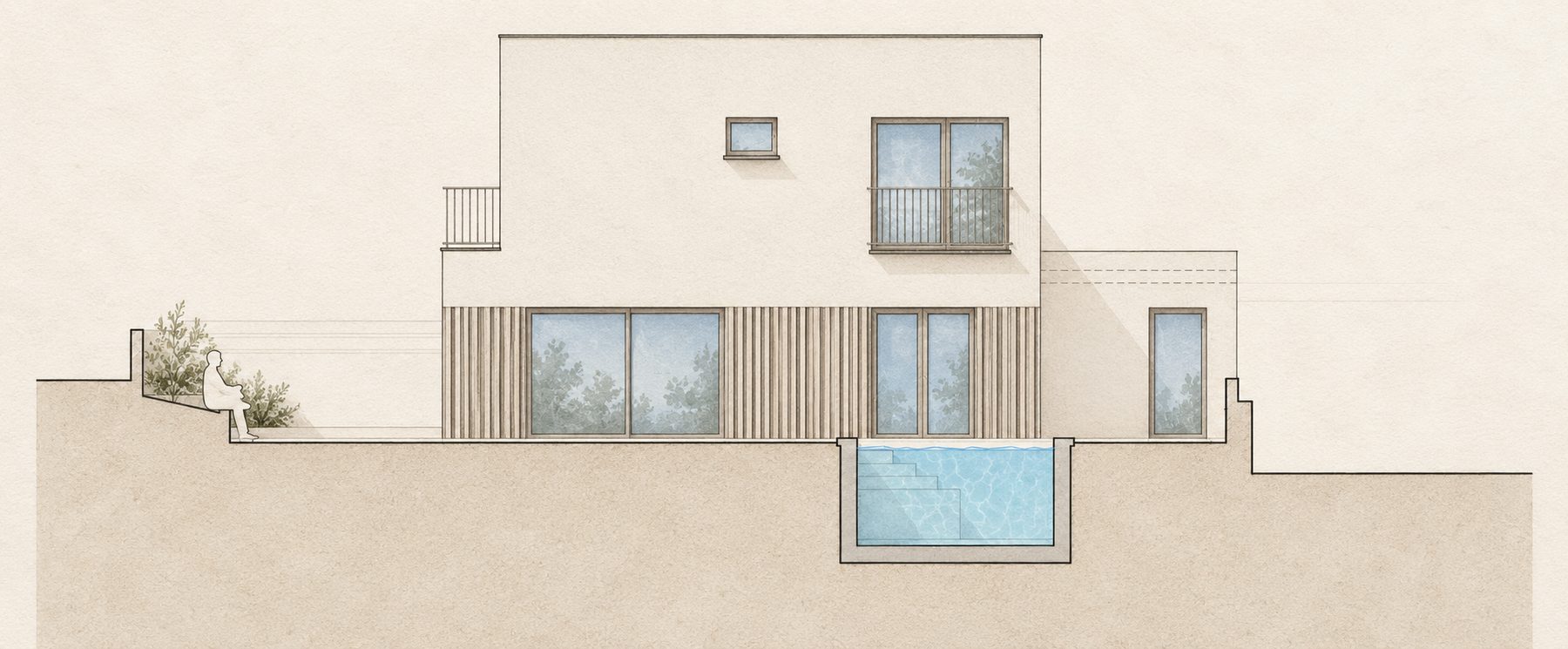 Moradia Unifamiliar Isolada, Anexo e Piscina — Alçado tardoz