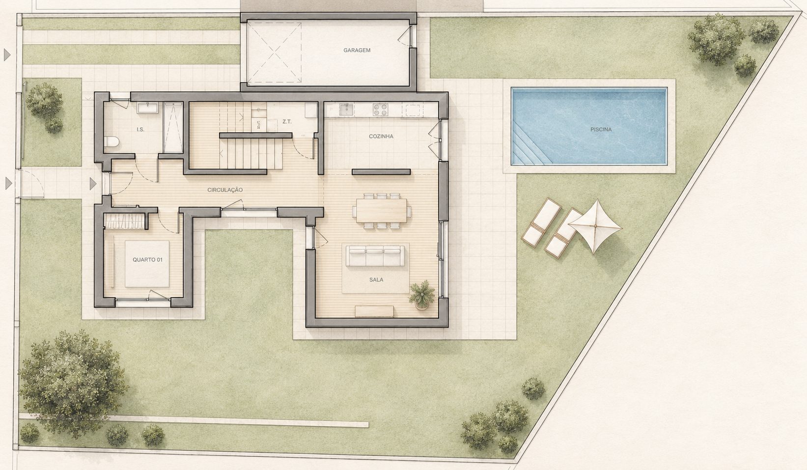 Moradia Unifamiliar Isolada, Anexo e Piscina — Planta piso 0