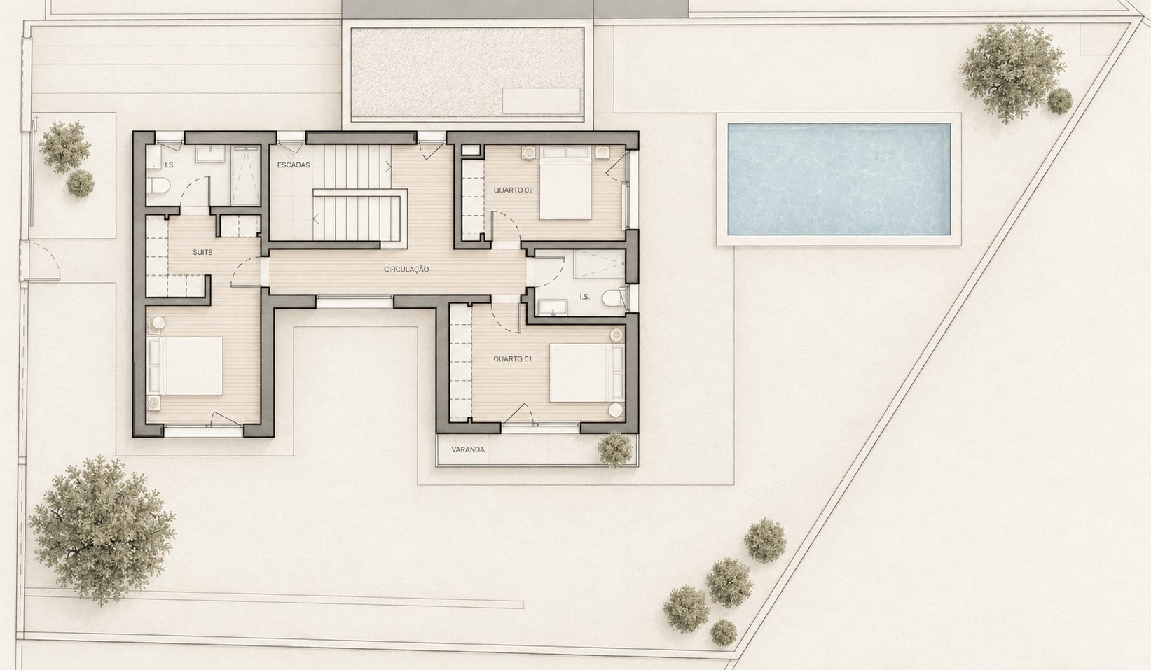 Moradia Unifamiliar Isolada, Anexo e Piscina — Planta piso 1