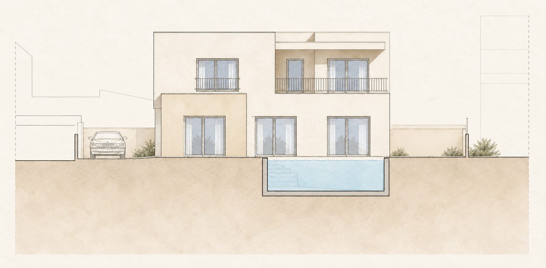 Moradia Unifamiliar Isolada e Piscina — Alçado frontal